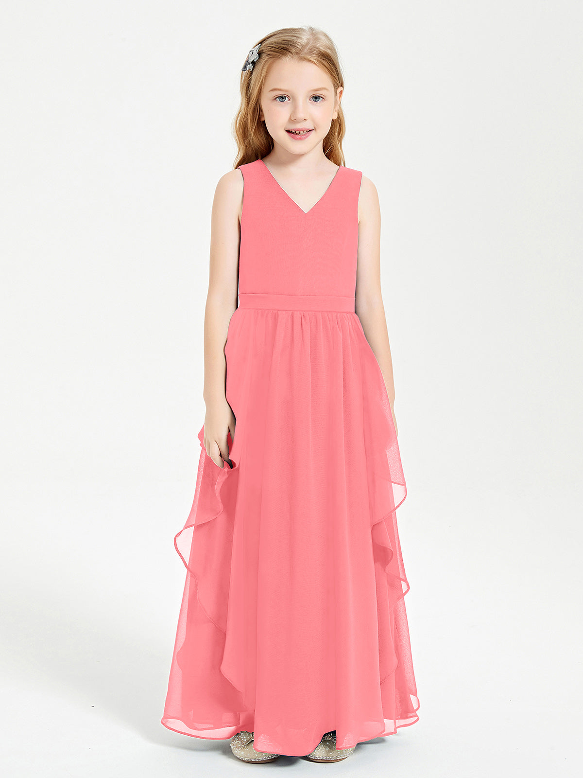 Boho Sleeveless Junior Chiffon Bridesmaids Gown Watermelon